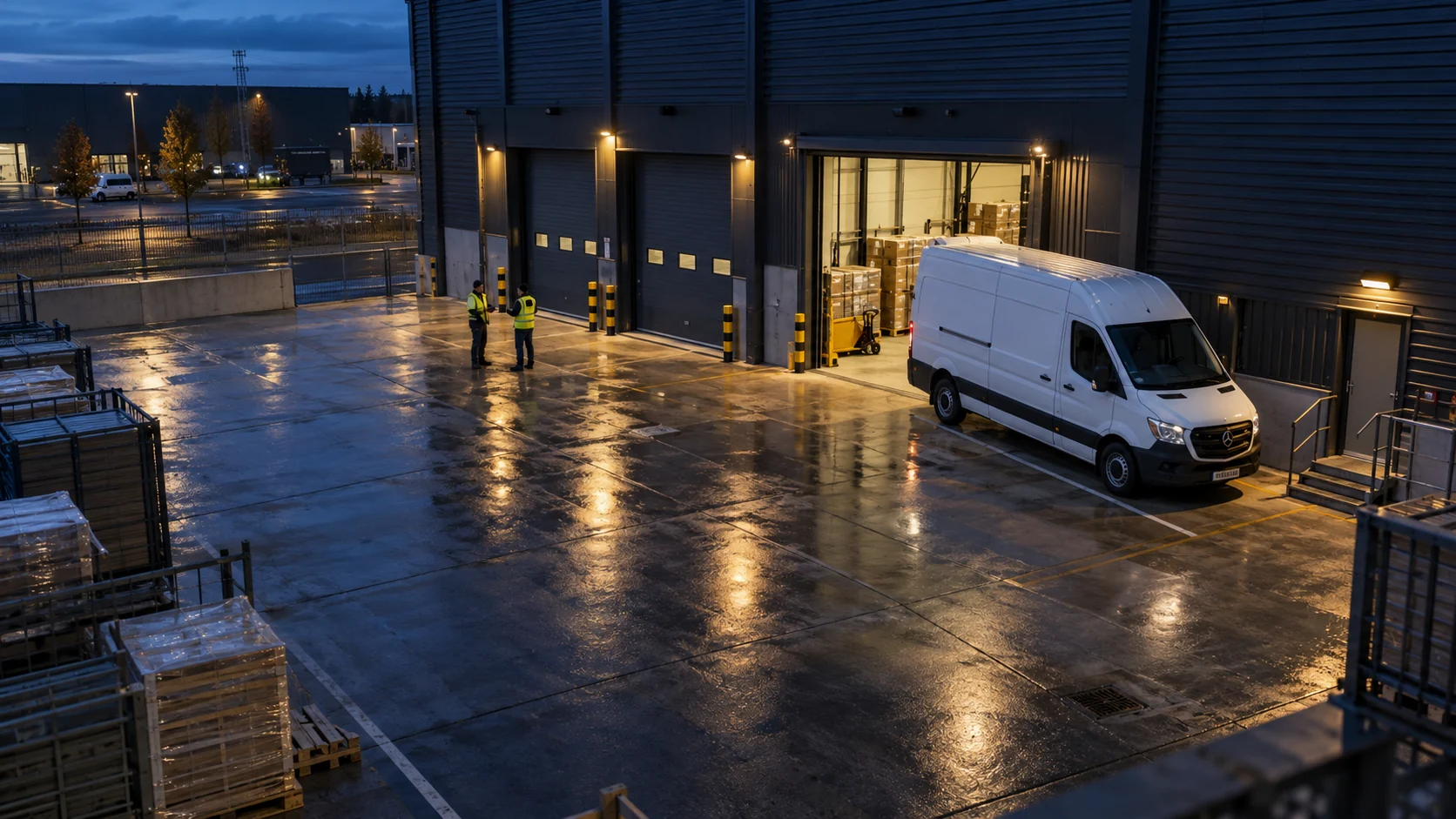 Illustrative depot scene with a delivery van and two workers near loading doors